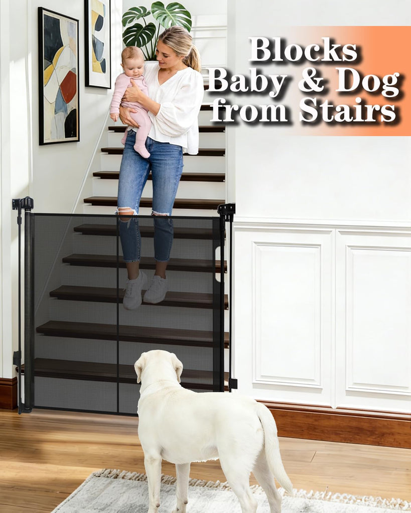 80" Wide Retractable Baby Gate for Stairs, 42" Extra Tall Retractable Dog Pet Gate with Support Rods, Mesh Screen