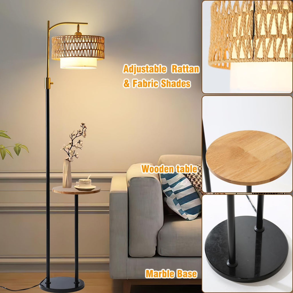 Dimmable Floor Lamp with Table and Marble Base, Arc Floor Lamp with Dimmable Bulb, Boho Farmhouse Standing lamp with