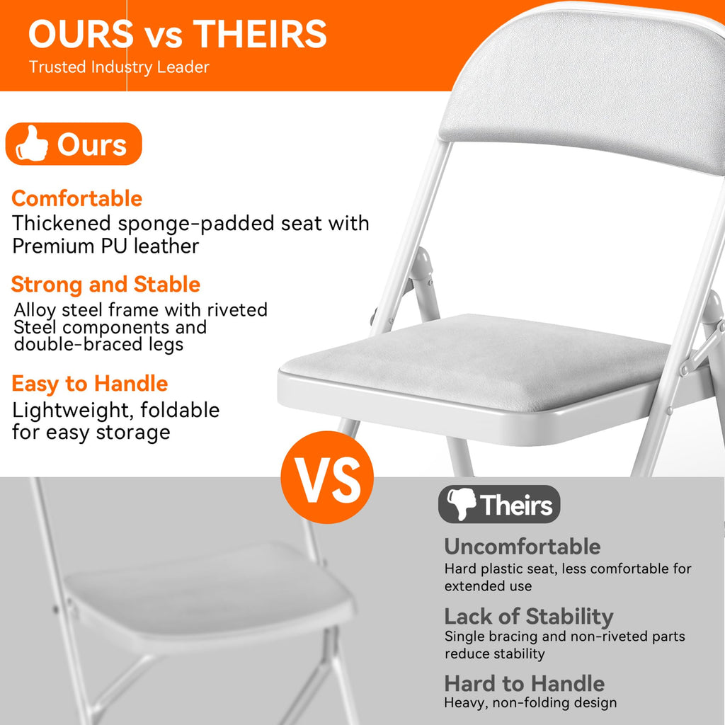 6 Pack Folding Chairs with Cushion - Padded Memory Foam Seating White Space-Saving Foldable Chairs for Indoor Outdoor