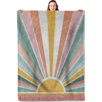 Vintage Sunrise Flannel Blanket 50"x60" Colorful Sunburst Geometric Line Lightweight Throw Blankets Birthday for