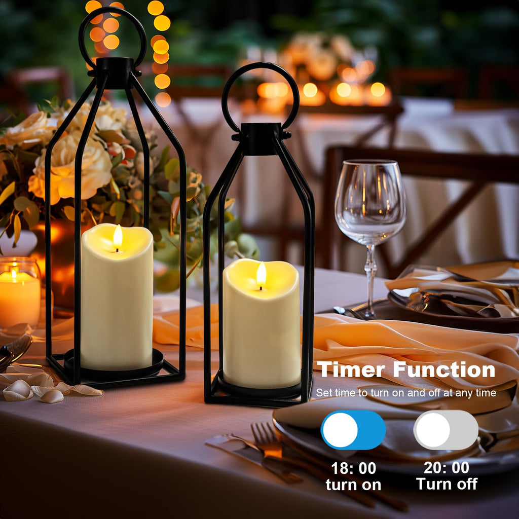 Modern Farmhouse Black Metal Lanterns 2PCS with Flameless Candle