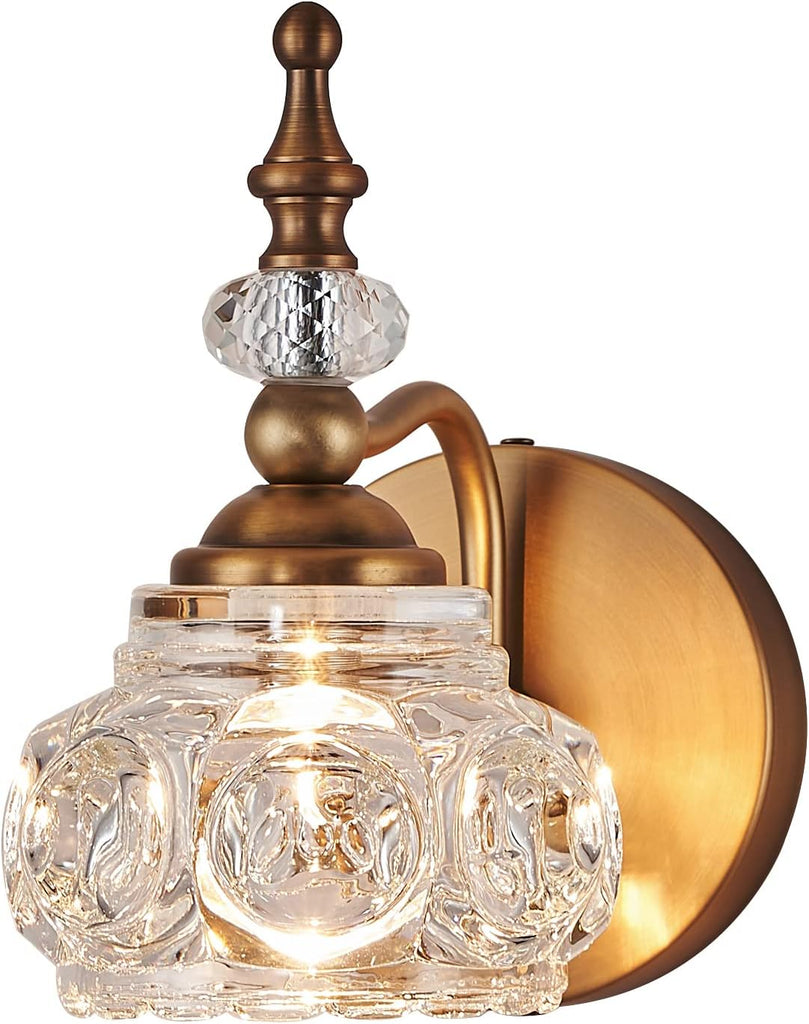 Vintage Wall Sconces, 1-Light Wall Lighting with Crystal Glass Shade, Matte Brushed Antique Brass Finish, Crystal