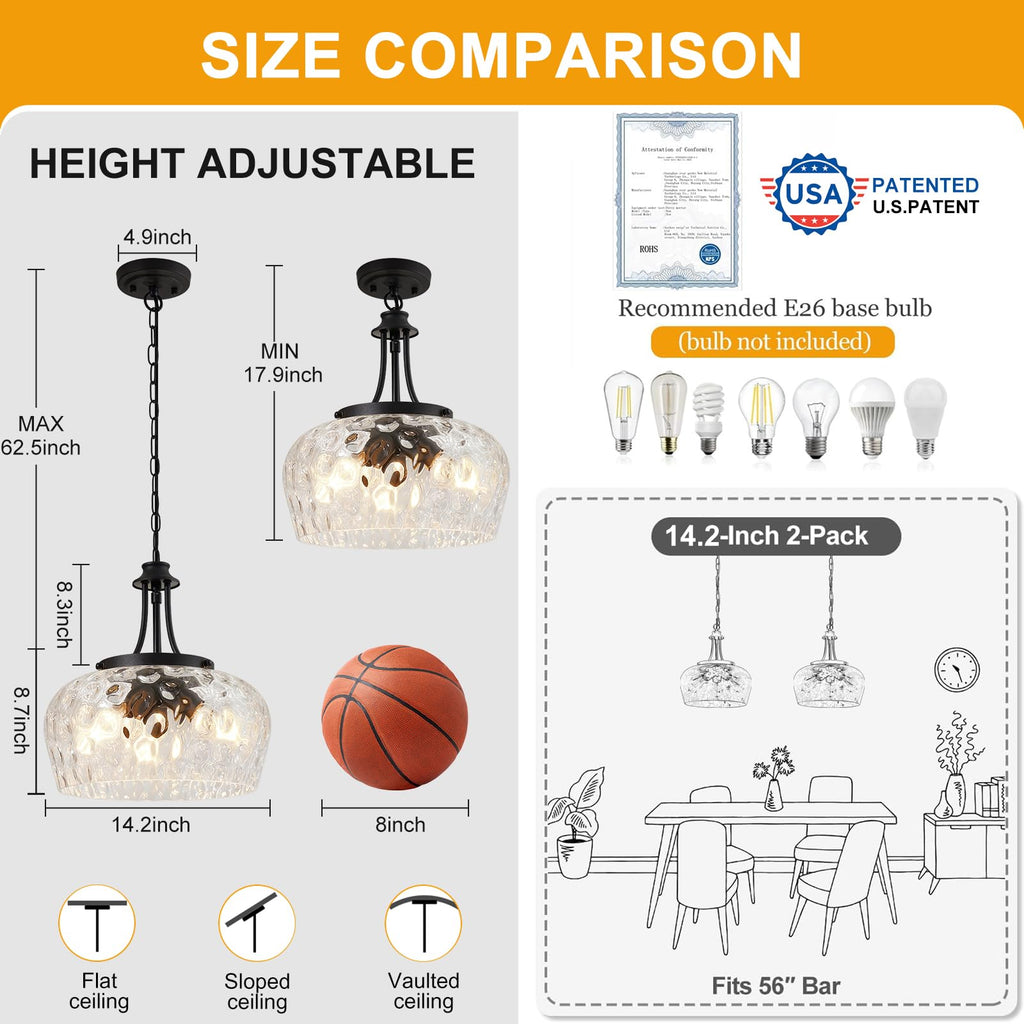 Pendant Lights Kitchen Island, 3-Light Black Pendant Light Fixtures with 14.2" Clear Hammered Glass Shade, Industrial
