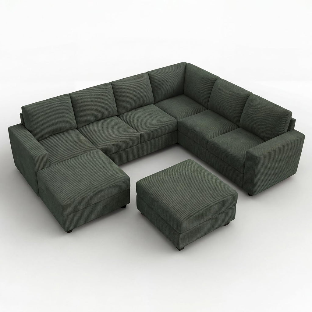 Corduroy Sectional Couch with Storage, 8 Seater U Shaped Sectional Sofa Sectional Couches, Green