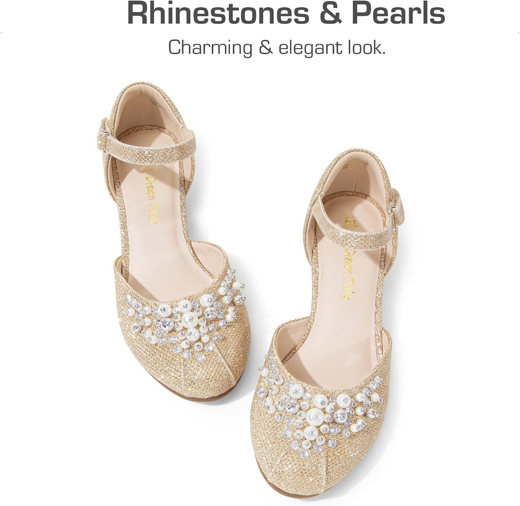 Girls Dress Shoes Toddler Little Big Girls Heels Low Wedge Pumps with Pearls Rhinestone for Flower Girl Princess