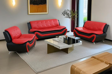 Sectional Sofa Set, Modern Faux Leather Living Room Furniture - 6-Seat Sofa & Loveseat & Chair (C-red/Black)