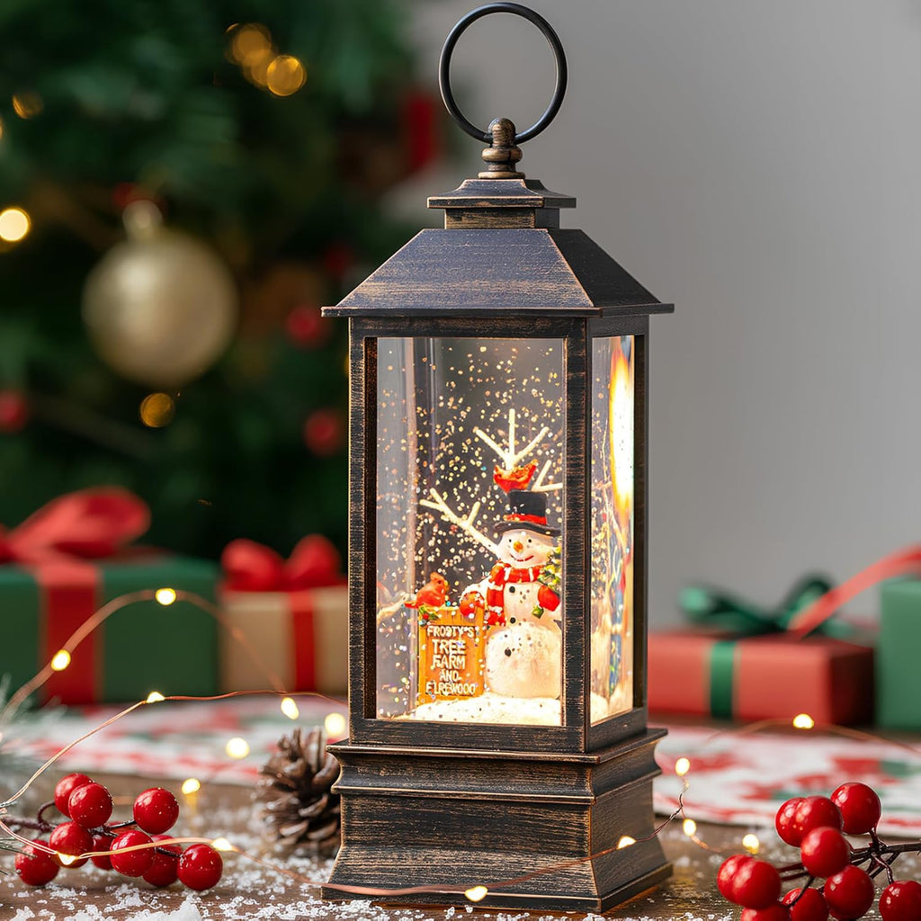 Christmas Snow Globe Water Glittering Farm Snowman with Music & Timer, USB Lined/Battery Operated Lighted Lantern