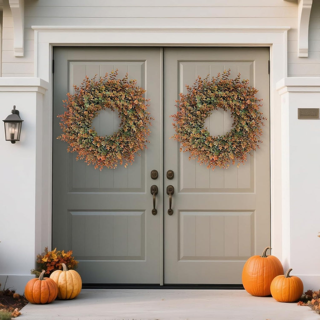 26" Large Fake Eucalyptus Fall Wreath for Front Door Decor(Orange-Green)