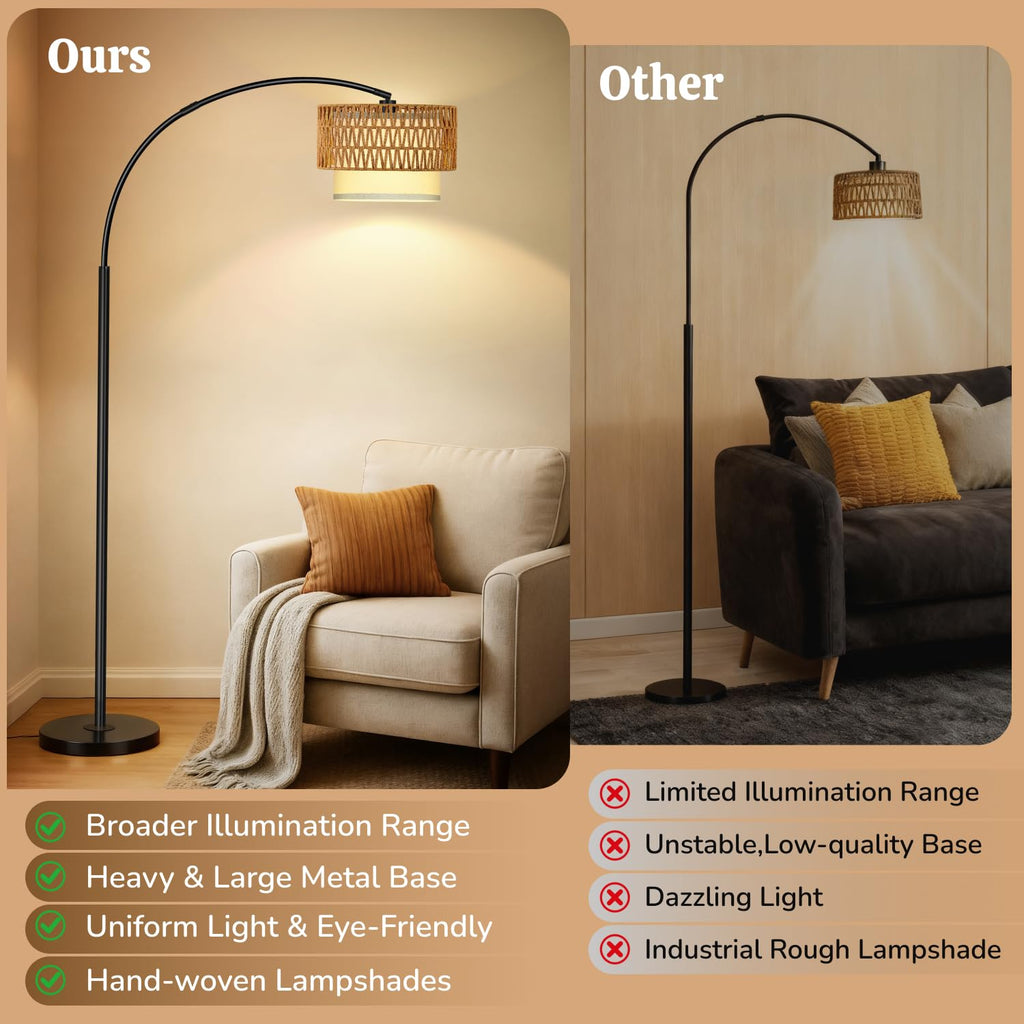Arc Floor Lamp, Rattan Boho Floor Lamp with Remote Control, Black Standing Lamp with 3 Color Temperatures & Dimmable