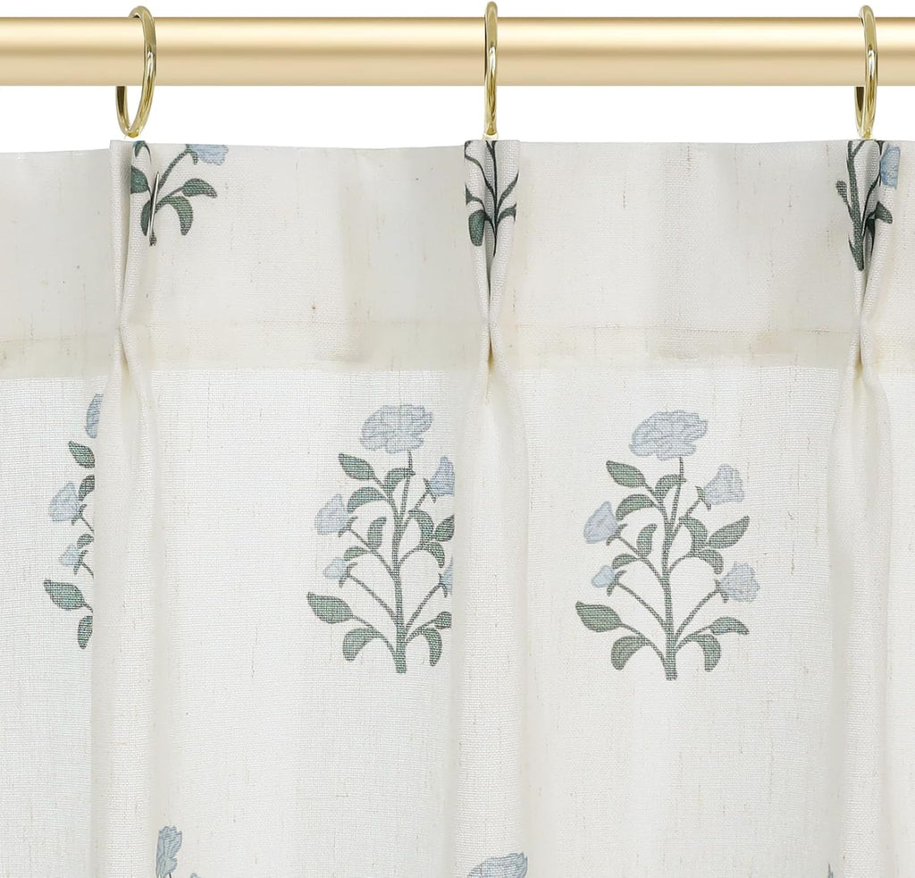 Cafe Curtains,Pinch Pleated Small Window Curtains Over Sink,Farmhouse Linen Sheer Blue and Green Floral Vintage Block