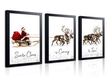 Framed Christmas Wall Art Set of 3, Winter Christmas Wall Decor, Santa Claus With Sleigh Deer Canvas Prints, Country