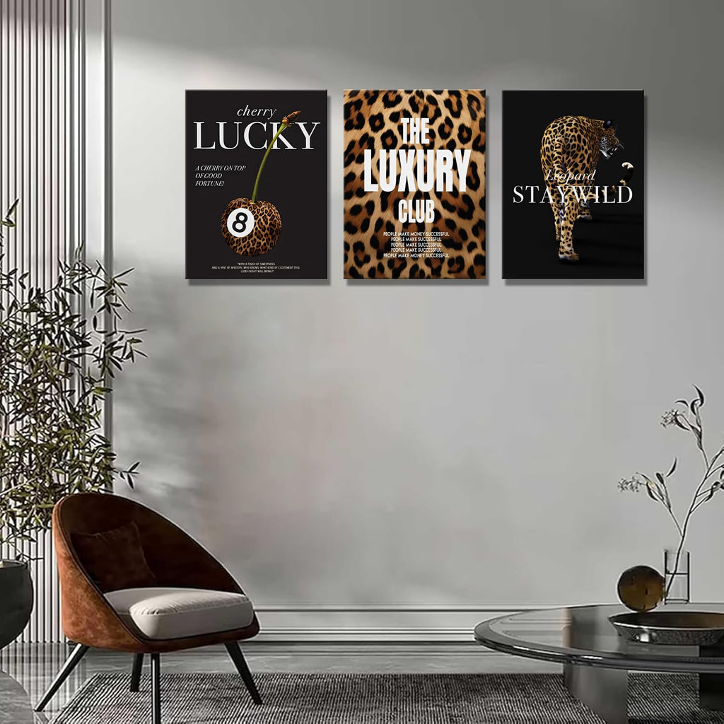 Fashion Leopard Wall Art Set of 3, Trendy Animal Print Canvas Wild Cheetah Inspirational Lucky 8 Ball Painting Wall