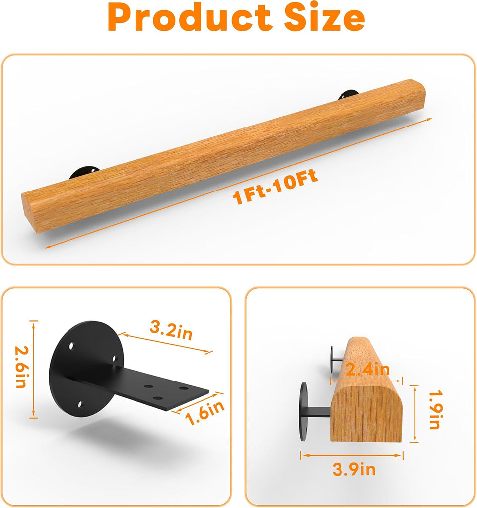 9 ft Solid Wood Stair Handrail, Wall Mount Indoor Outdoor Non-Slip Handrail with Brackets