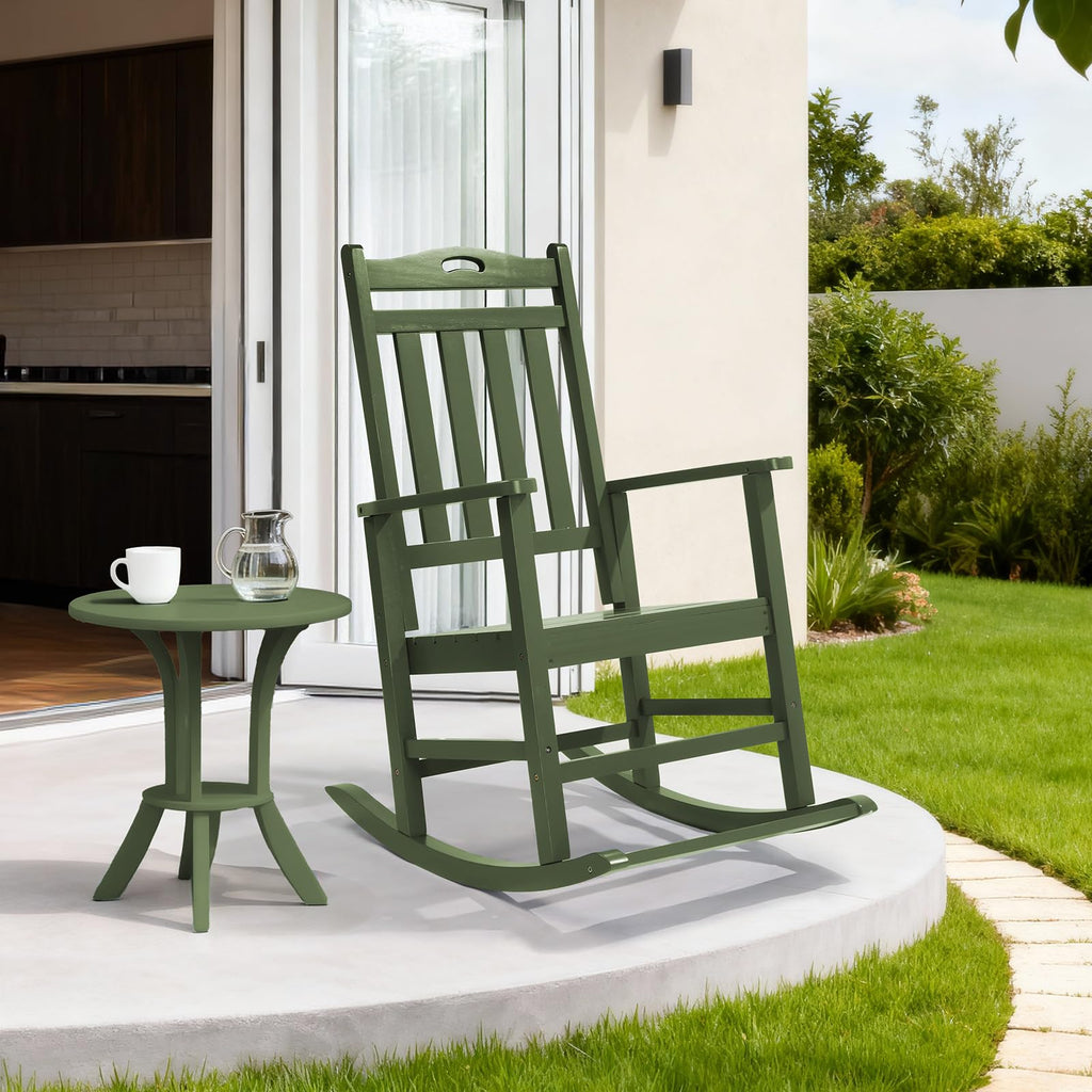 Outdoor Rocking Chair with Footrest, Wooden Rocker Set of 2, Green