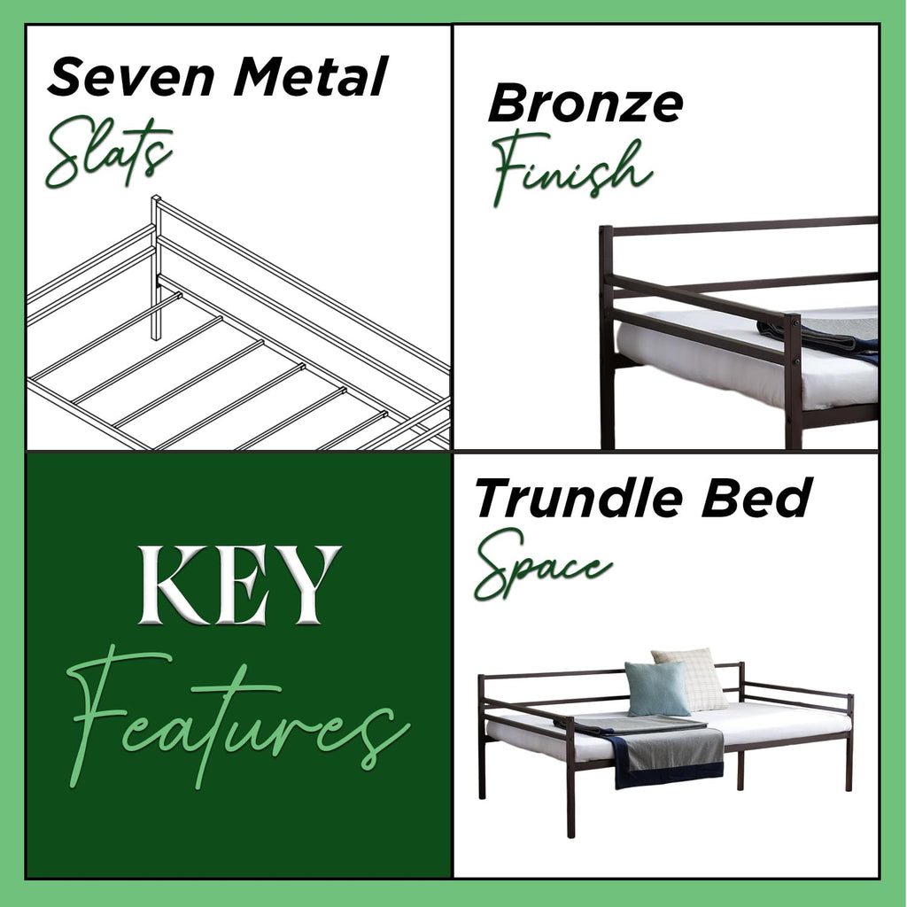Modern Metal Twin Size Daybed Frame with Metal Slats Support, Bronze Finish