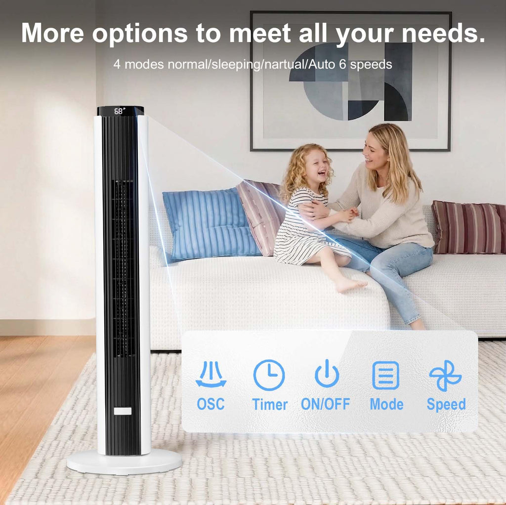 37-Inch Bladeless Portable Tower Fan 80°Oscillating,Quiet Cooling with 12H Timer Remote Control, 6 Speed, 4 Modes