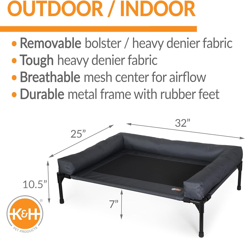 K&H Outdoor Elevated Dog Bed, Bolster Pet Cot, Medium 32x25in, Charcoal