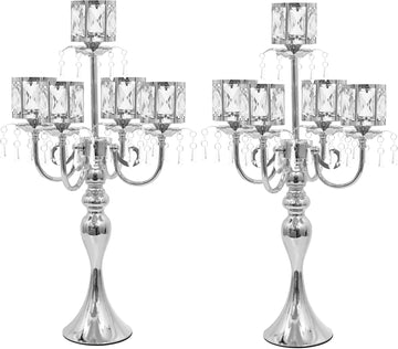 Tall Candle Holders - 2Pcs Gold Candelabra, Metal 5 Arm Candlesticks Party Wedding Aisle Home Decor (Silver x 2pcs)