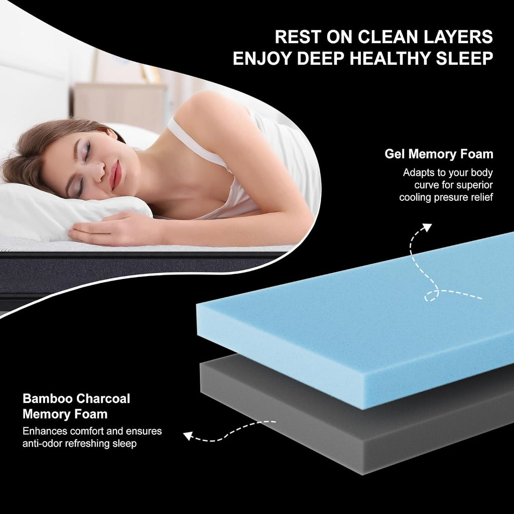 California King Mattress, 15 Inch Hybrid Charcoal Gel Memory Foam Mattress with Edge Support Pocket Coils, Cooler