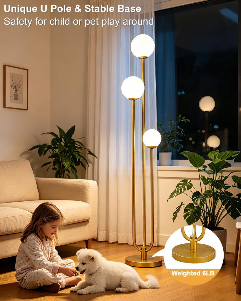 63IN 3-Light Dimmable Floor Lamp, Unique Gold Tall Standing Lamps with 3000K G9 Bulbs for Reading, Mid Century Modern