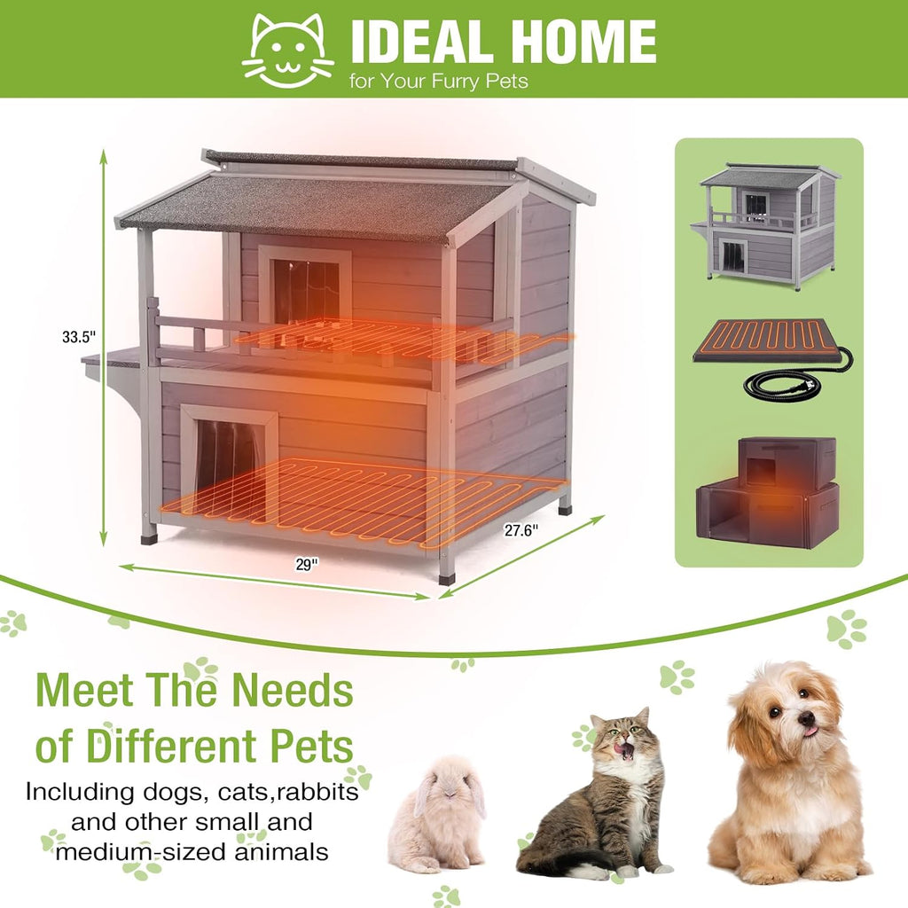 2-Story Heated Cat House Outdoor Insulated Cat House Weatherproof Feral Cat Shelter with Safe Heating Pad, Insulated