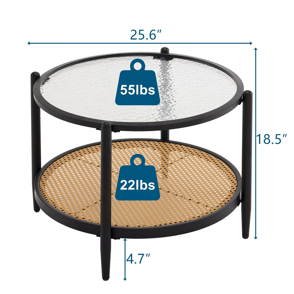 25.6" Round Glass Coffee Table, Rattan Coffee Table, Black