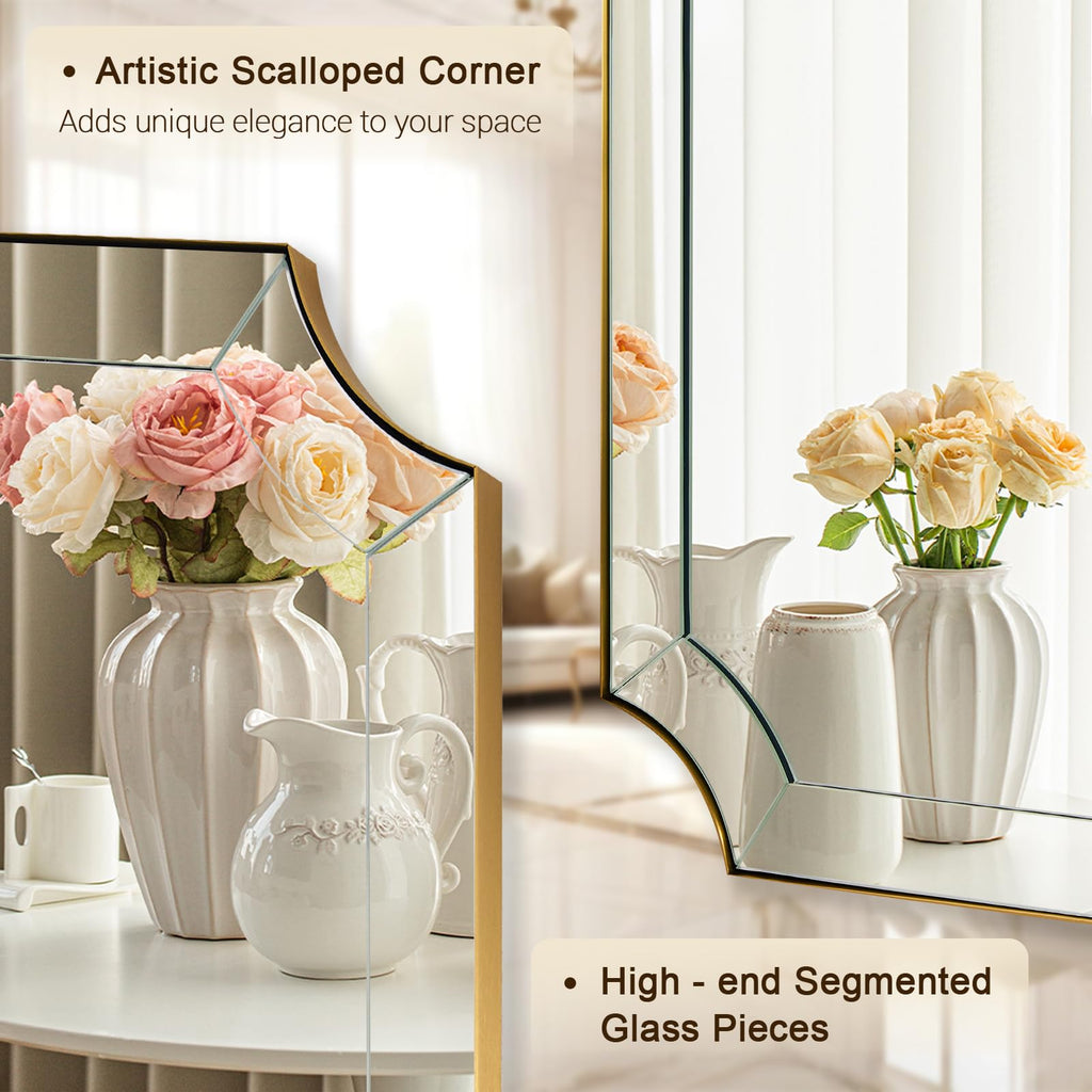 24x36 Scalloped Mirror, Gold Rectangle Wall Mirror with Scallop Corner, Non-Rusting Vanity Mirror with Curved Cutouts