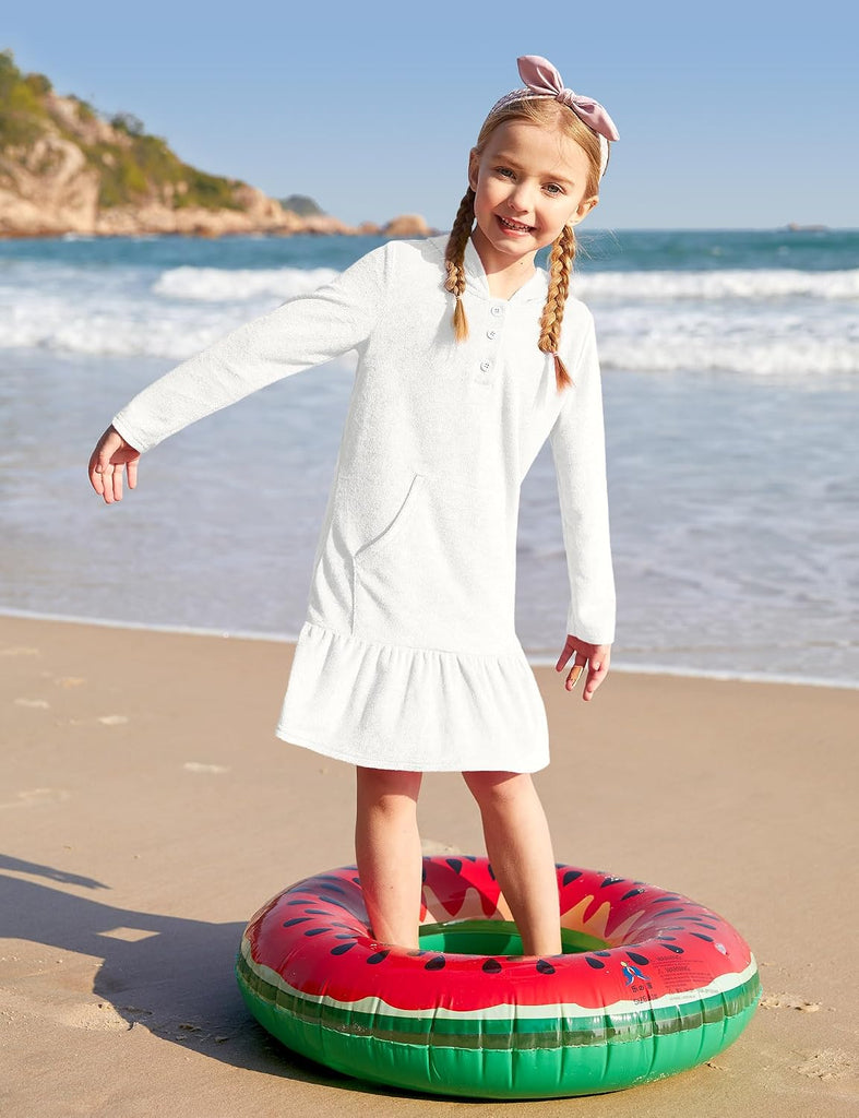 Girls Summer Long Sleeve Coverups Button Down Terry Quickly Dry Ruffle Hem with Hood Cover Up