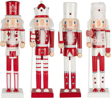 Red and White Christmas Nutcracker 15-Inch Set of 4 Wooden King and Soldier Nutcracker Figurine Display Set
