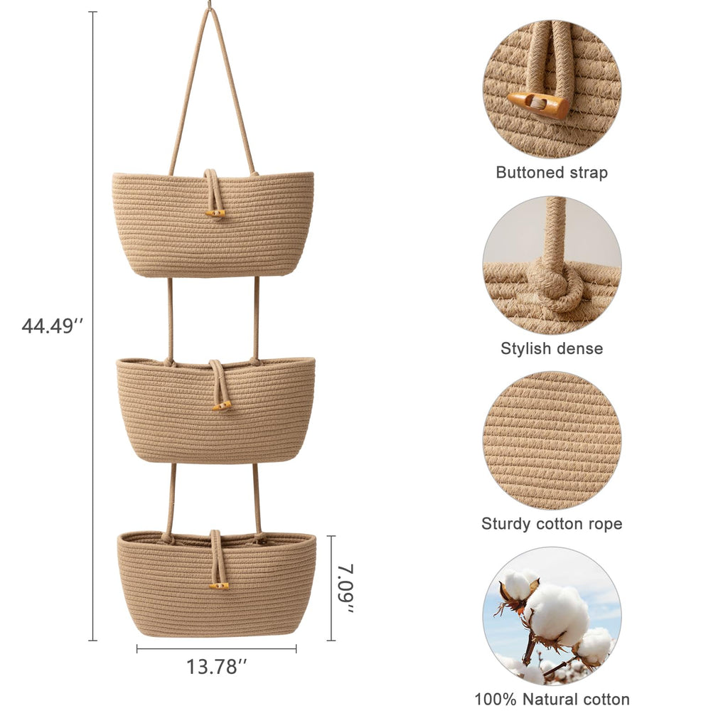 3-Tier Cotton Rope Baskets with Button Strap Over the Door Wall Hanging Baskets, Door Storage Organizer for