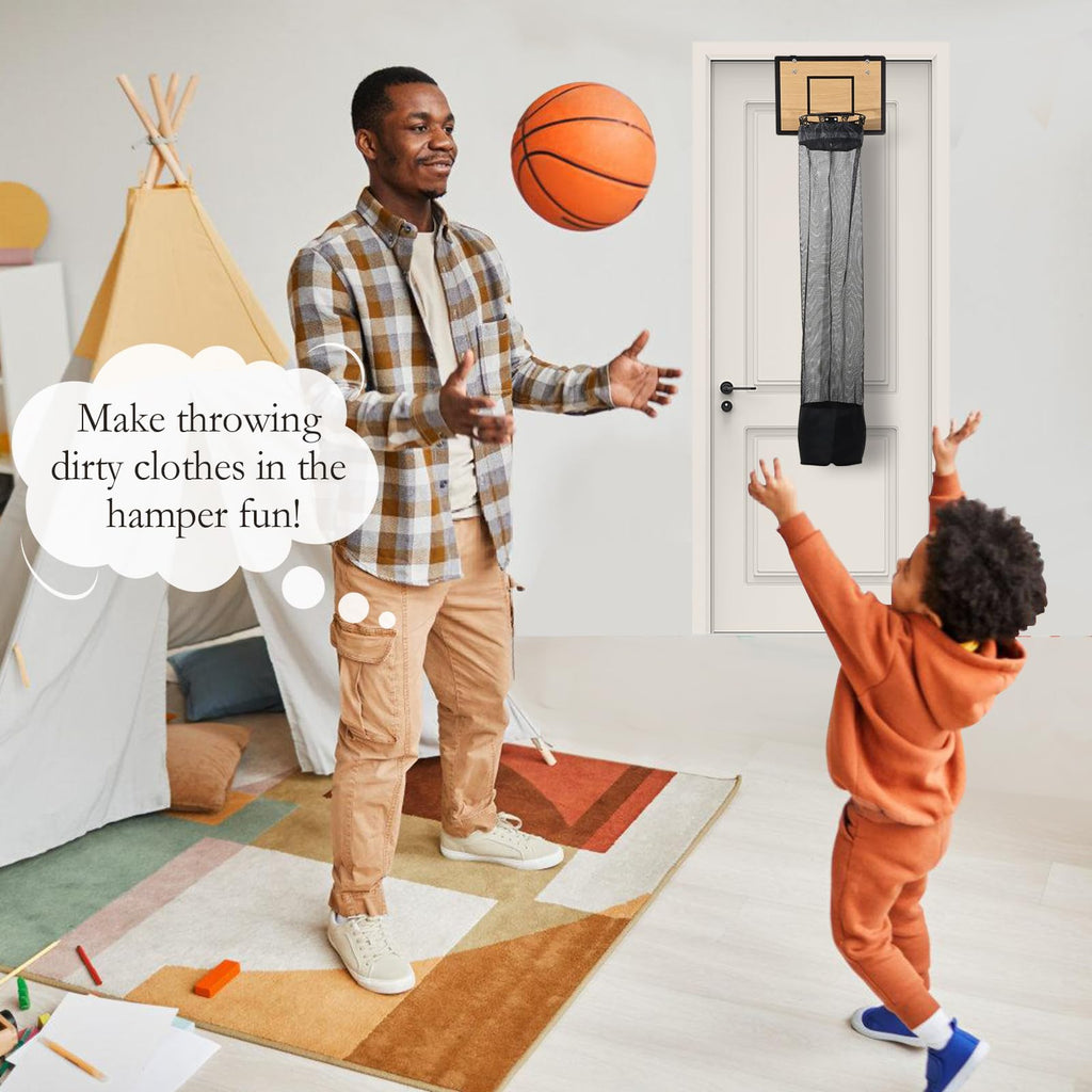 Over the Door Basketball Hoop Laundry Basket, Wooden Basketball Laundry Hamper with Zipper for Kids Room, Dorm