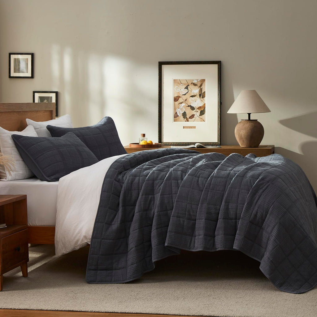 3 Pieces Quilt Set Cotton Waffle Weave Blanket 118"x106"