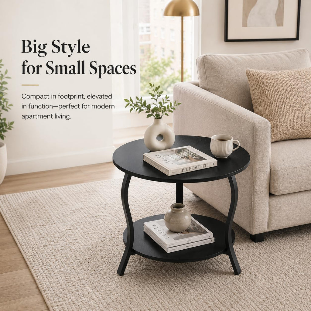 Small Round Coffee Table with Open Storage, 23" 2-Tier Coffee Side Tables for Small Space, Accent Center Table Circle