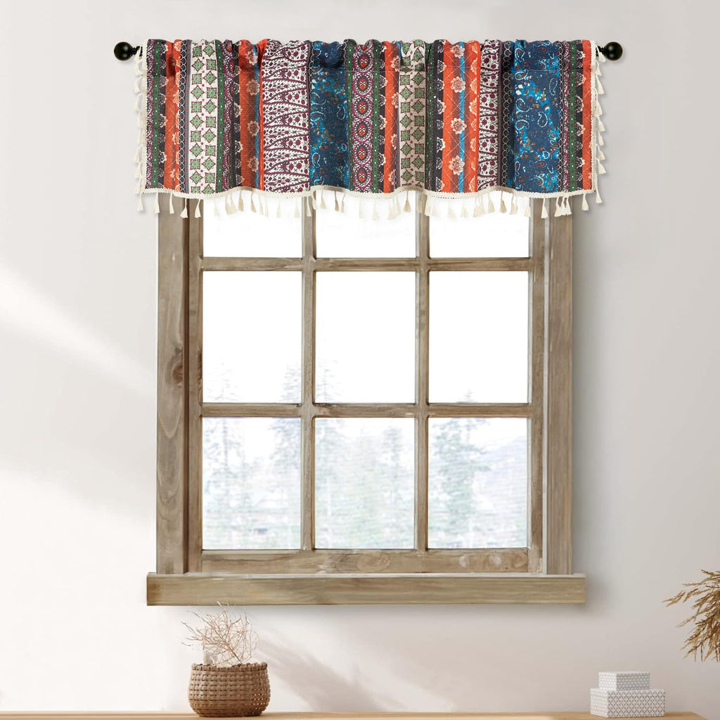 Boho Semi Blackout Kitchen Valances, Striped Geo Pattern Decorative Window Treatments with Tassel, 1 Panel Rod Pocket