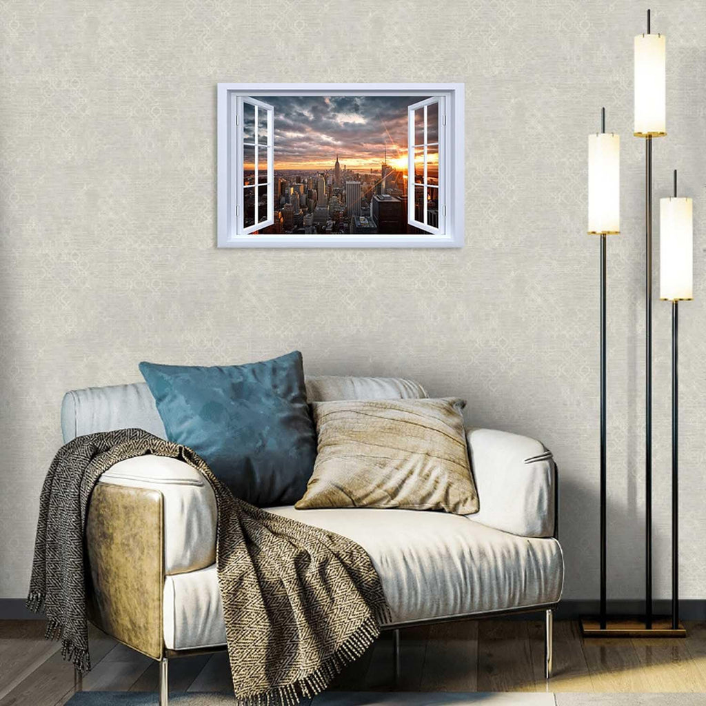 Modern Cityscape Canvas Wall Art Window View of Urban Architecture Panorama Picture City Skyscraper Building Artwork