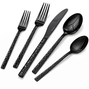 60 Piece Black Silverware Set, 18/10 Stainless Steel Hammered Flatware for12