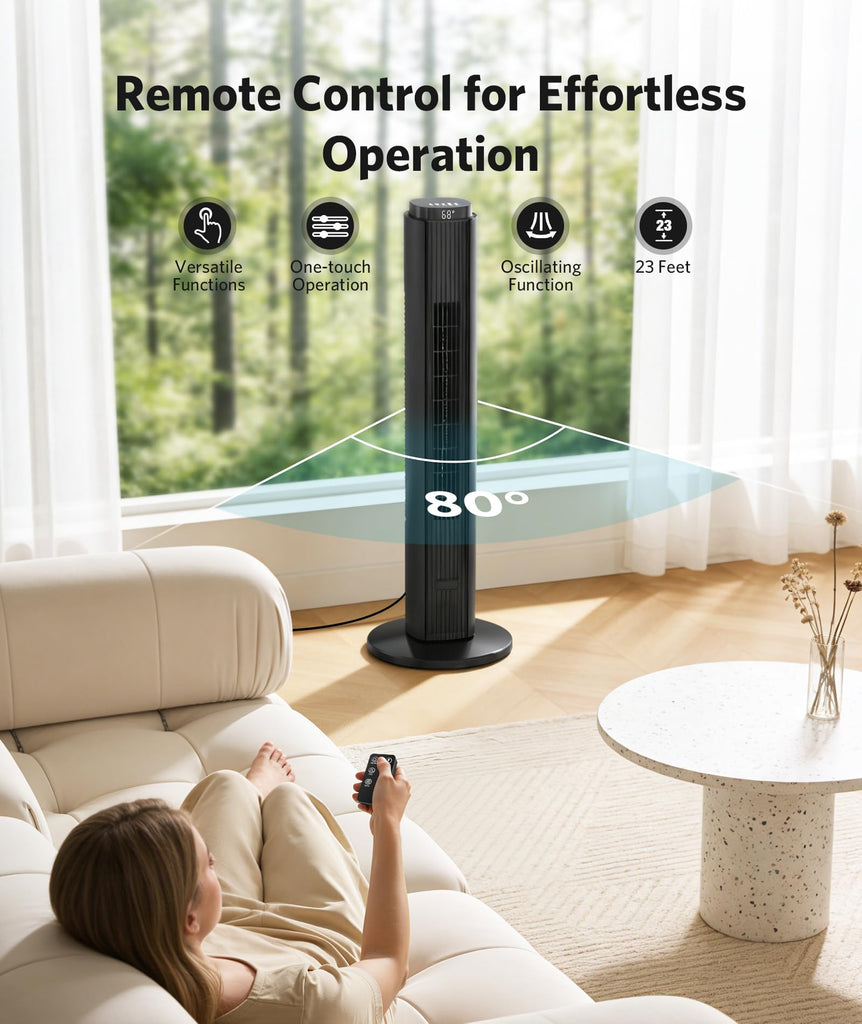 Tower Fan 23ft/s Electric Oscillating Fan with Remote Quiet Bladeless Standing Fan for Indoor, 4 Mode, 6 Speeds, 12H