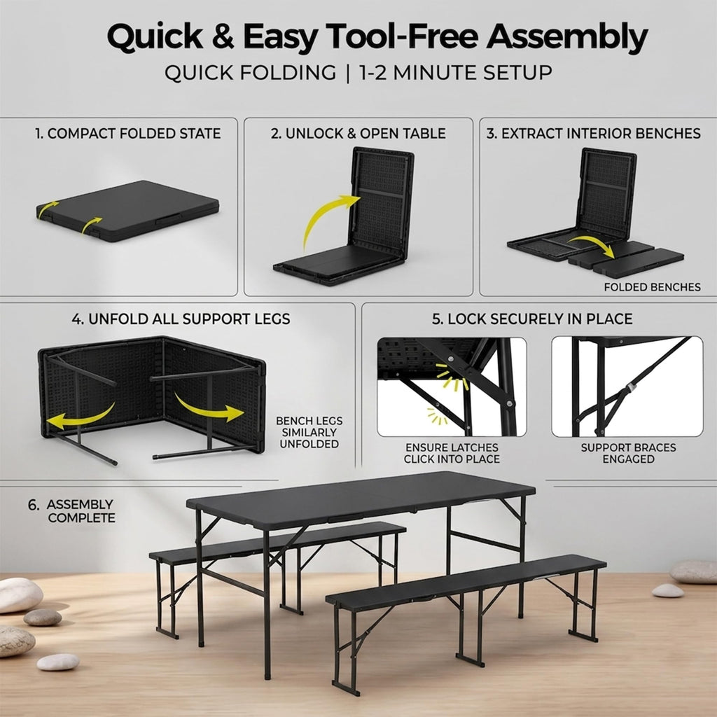 Folding Table Set with 2 Benches, 5.8 FT Camping Picnic Table Set, Outdoor Indoor Portable Furniture for Working