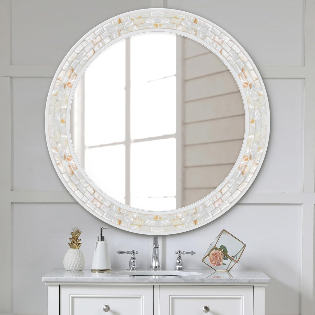 36 Inch Large Round Mirror, Natural Shell Circle Wall Decor