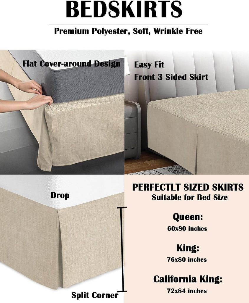 Bed Skirts King Size 16 Inch Tailored Drop Beige Linen Texture Wrap Around Bed Skirt with Split Corners Hotel Quality