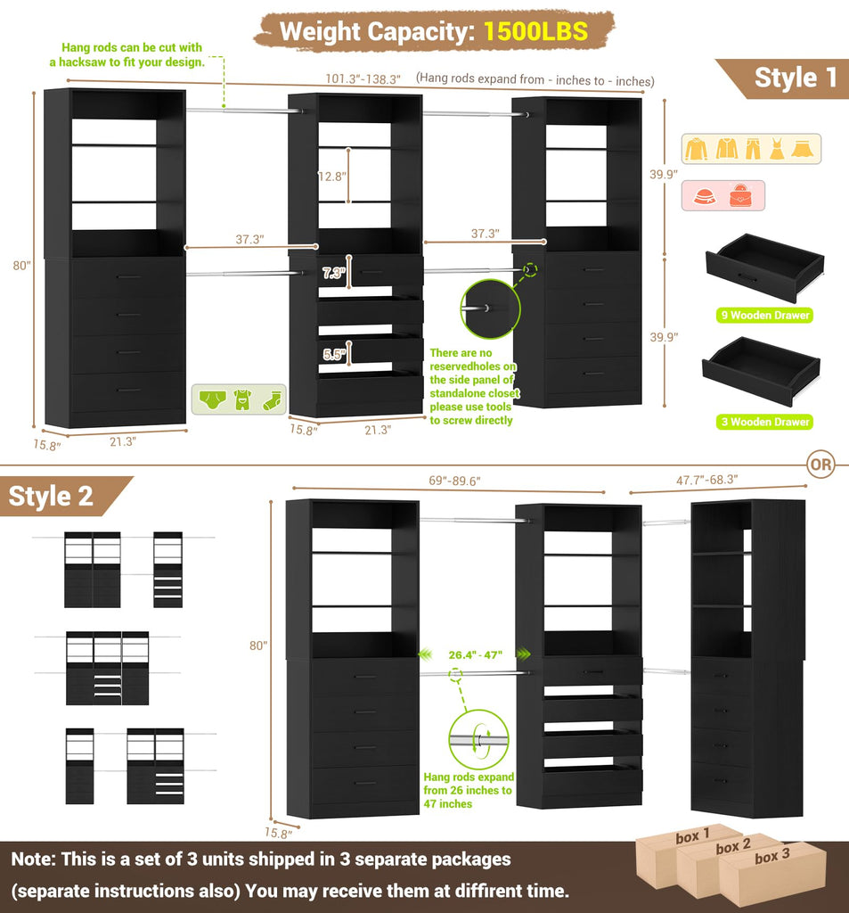 Closet System with 12 Drawers, 8.5-11.5Ft Wood Closet Organizer