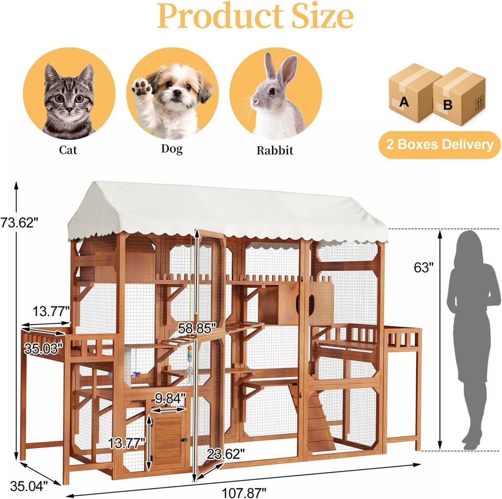 Large Catio Outdoor Cat Enclosure, Solid Wood Cat House for 2-8 Cats, Brown