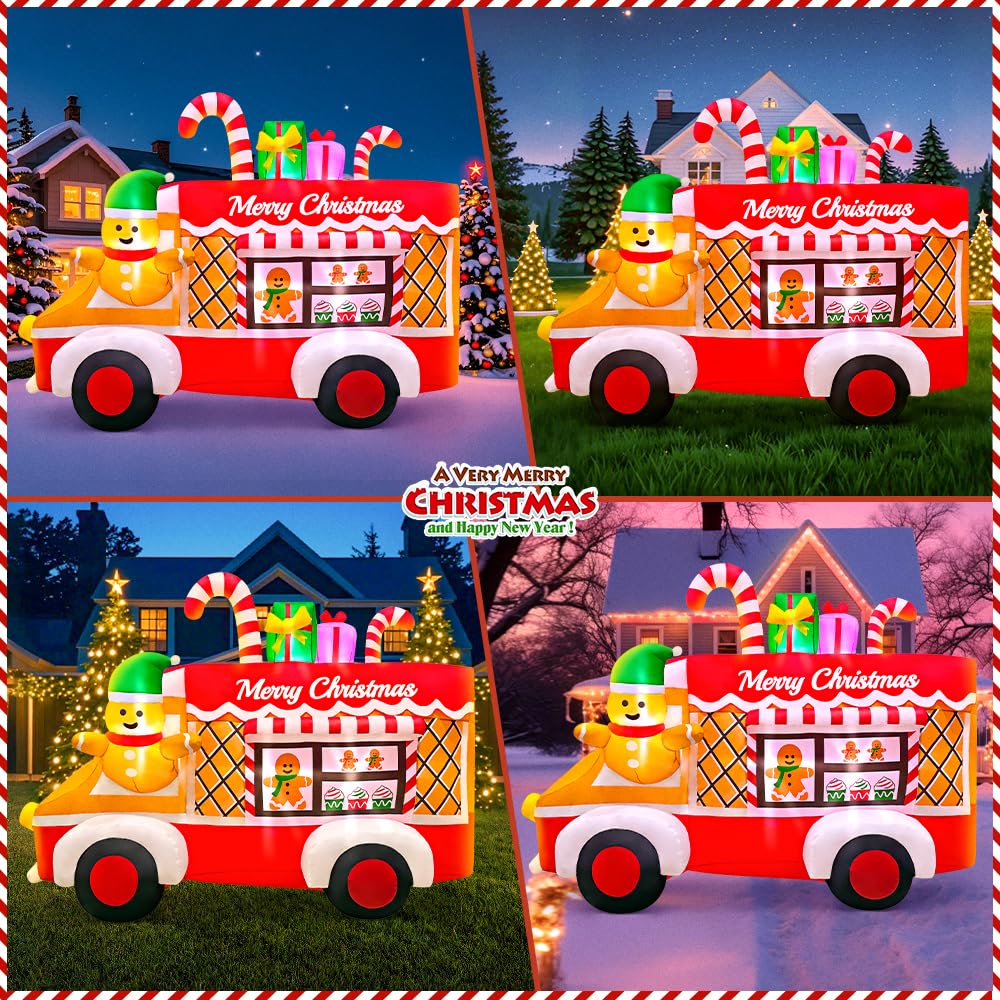6FT Christmas Inflatables Truck, Gingerbread Car Blow Up Yard Decoration Xmas Inflatable Train with Built-in LEDs for