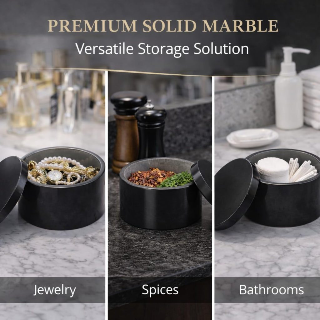 Marble Black Salt Box With Lid, Round, 3.5 x 3.5 x 2 Inch