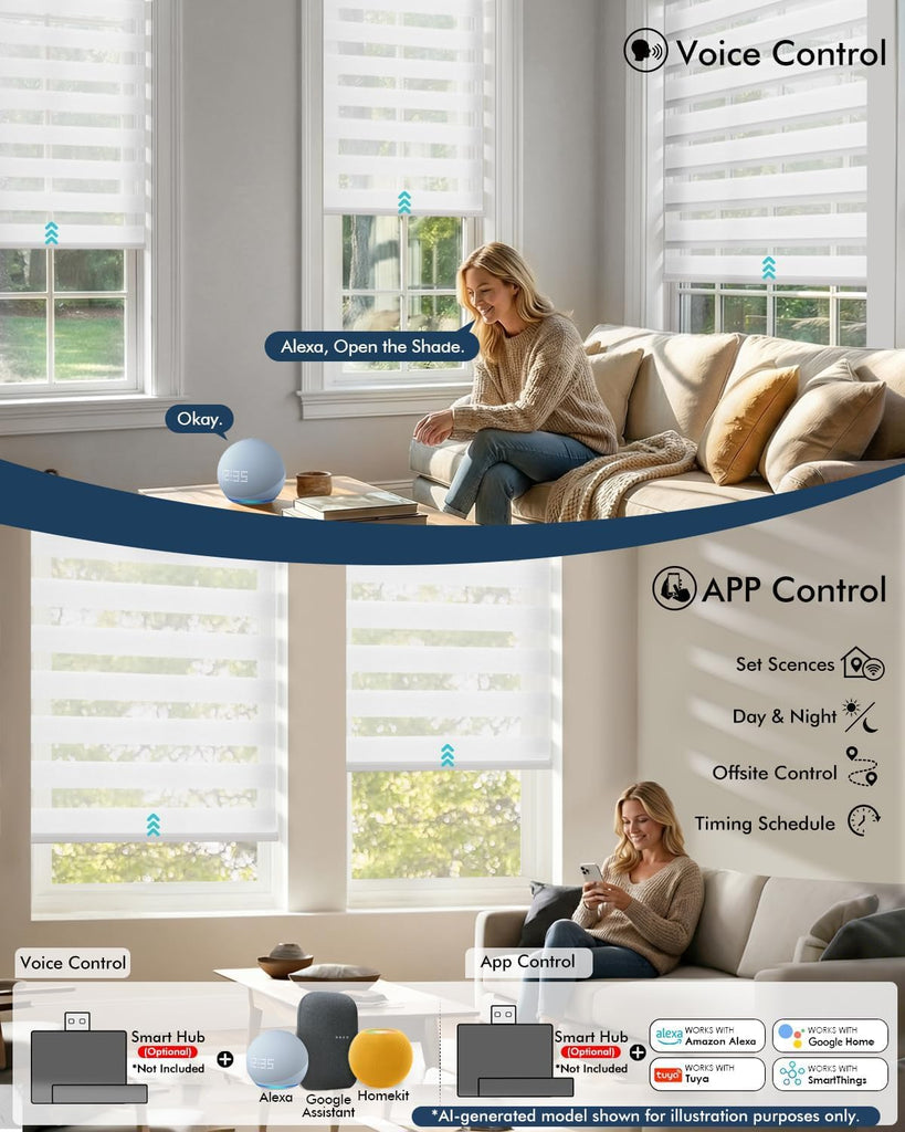 No Drill Motorized Zebra Blinds with Remote,Cordless Shades Dual Layer,Thermal Insulated Upgraded Shades(White,34.5"