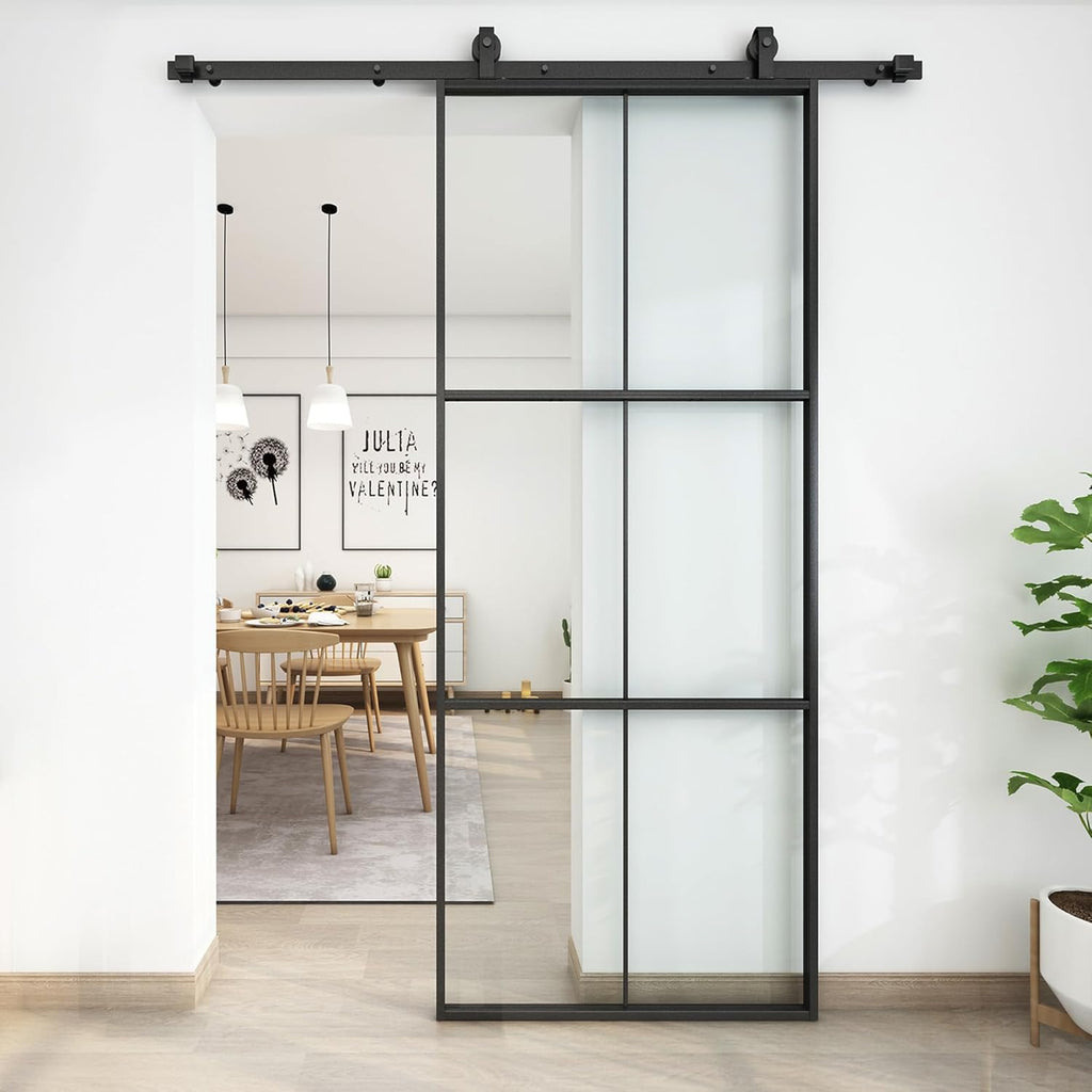 38in x 96in Glass Sliding Barn Door with 6.6ft Hardware kit, 3-Panel Black Aluminum Frame and Clear 
