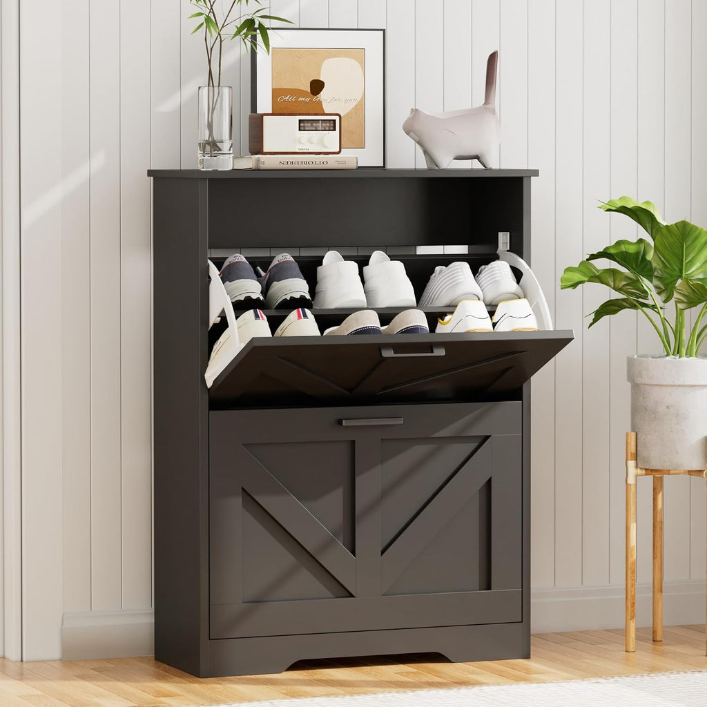Farmhouse Shoe Cabinet with 2 Barn-Style Flip Drawers, Narrow Shoe Storage Organizer with Top Display Shelf