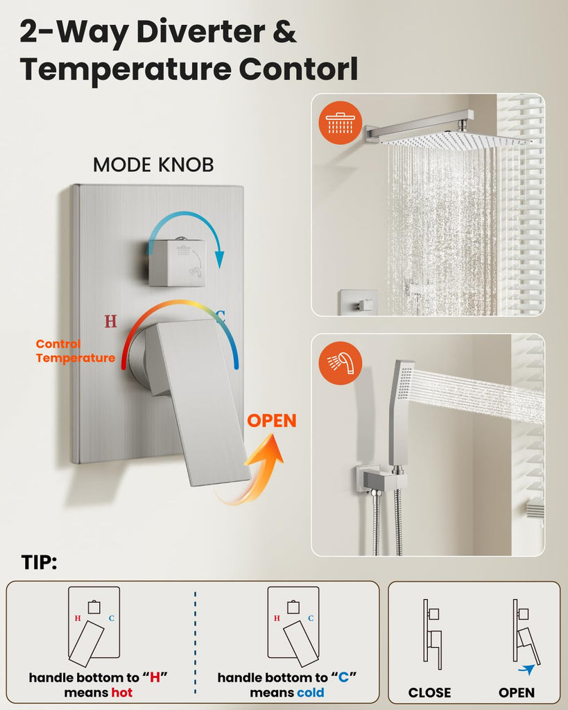 Shower Faucet Set with Handheld Spray Brushed Nickel, 12'' Head