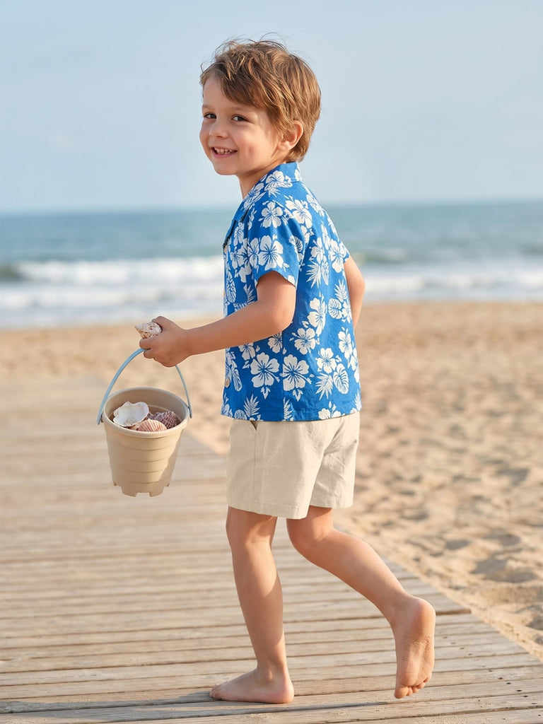 Todller Baby Boy Summer Clothes Color Block Short Sleeve Button Down Shirt Floral Tops Cotton Pants Outfit Set Blue