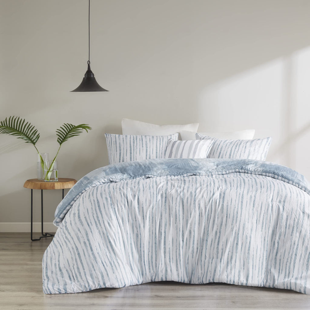 Brush Stroke Reversible Comforter Set - Abstract Styling, Embossed Seersucker Design, Cozy Oversized & Overfilled